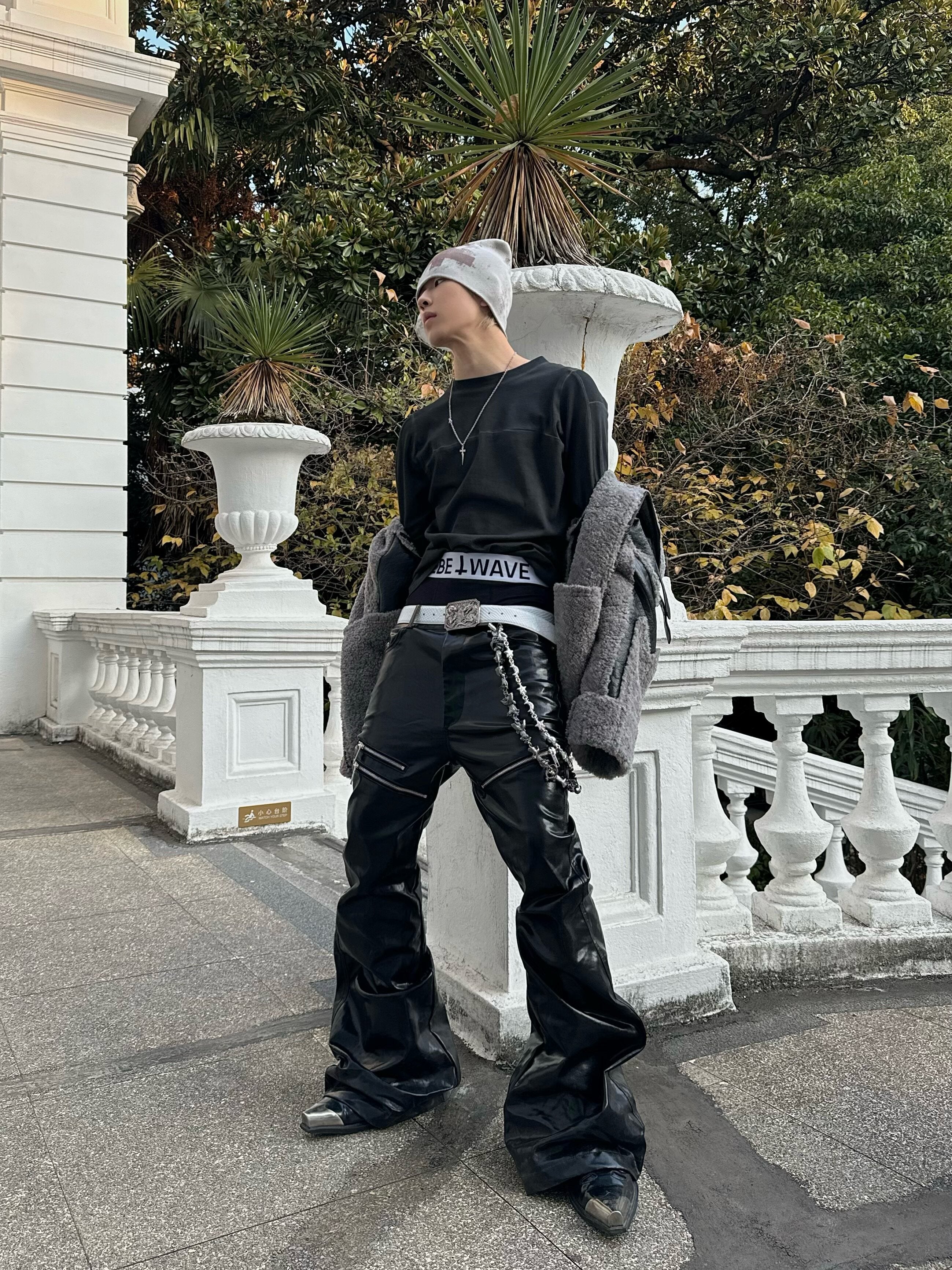 BLACK LIQUID METAL COATED ZIPPER WAXED FLARED PANTS