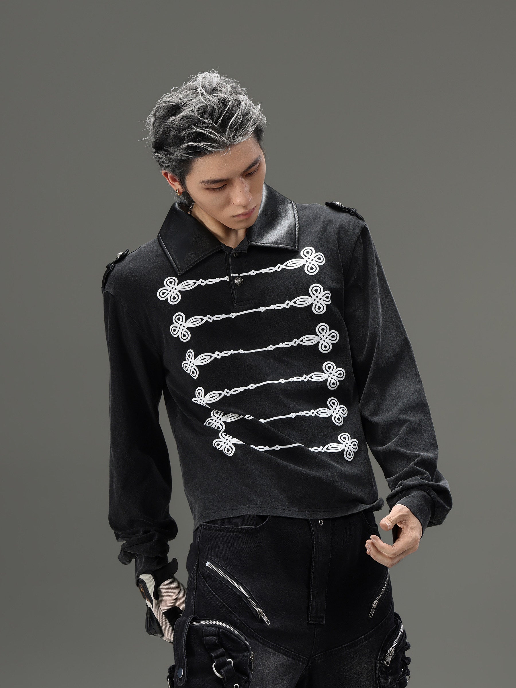 VINTAGE LEATHER LAPEL LONG‑SLEEVE UNISEX POLO SHIRT