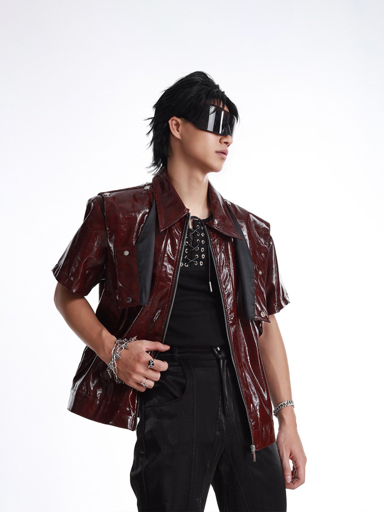 DARK PATCHWORK COLLARED LEATHER T-SHIRT