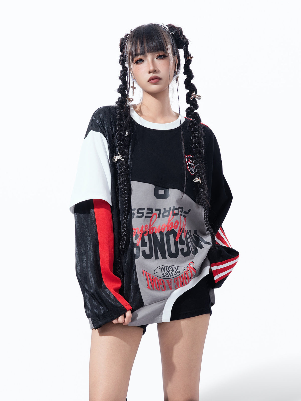 COLOR‑BLOCK IRREGULAR SPLICING DECONSTRUCTED RACING‑STYLE LONG‑SLEEVE