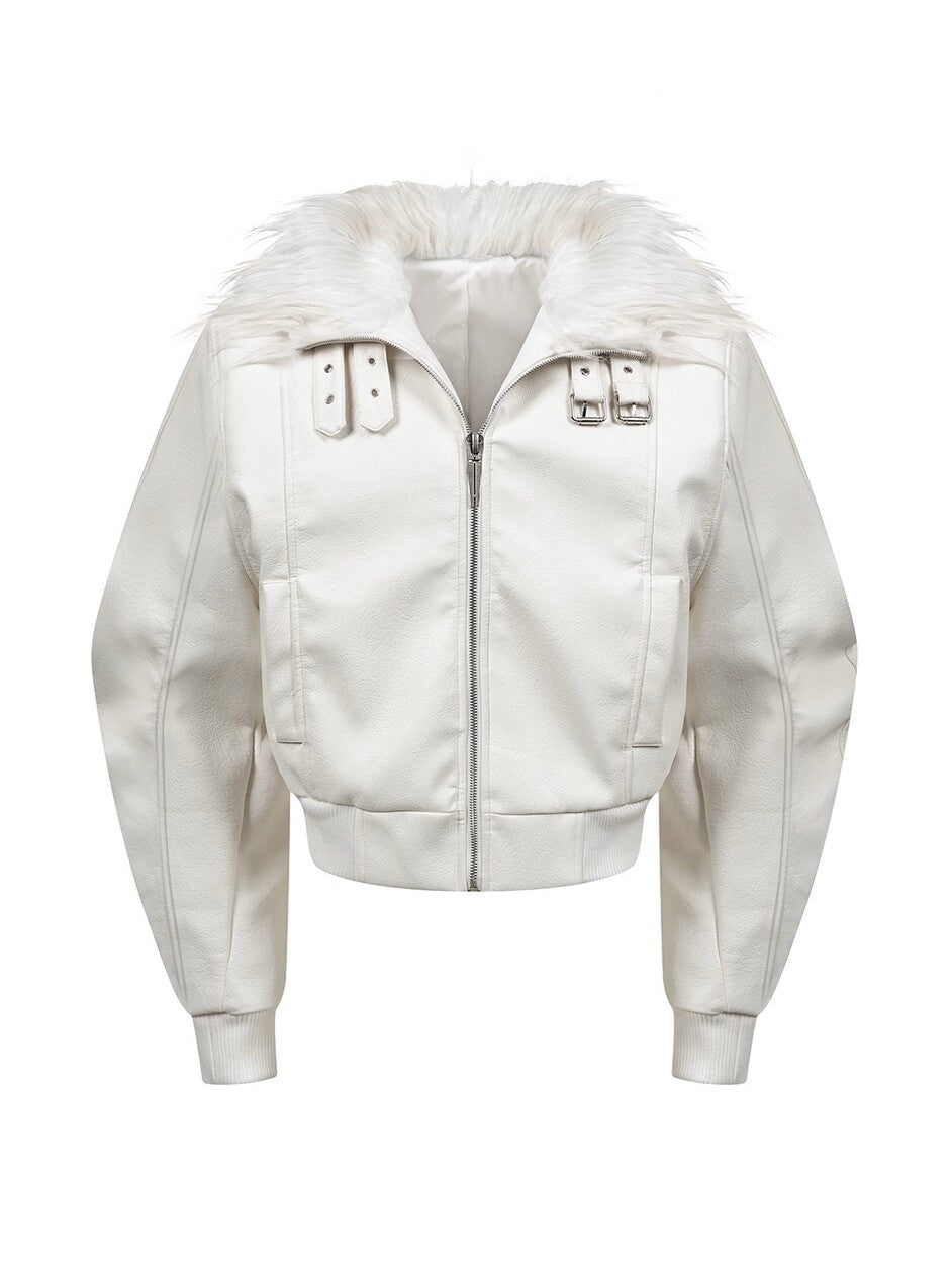 WHITE DEVIL FAUX FUR COLLAR LEATHER JACKET