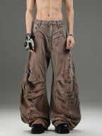VINTAGE DISTRESSED UNISEX RIPPED WIDE‑LEG CARGO DENIM PANTS