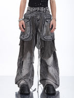 HEAVYWEIGHT PANELLED CARGO DENIM JEANS WITH REMOVABLE WAIST BAG
