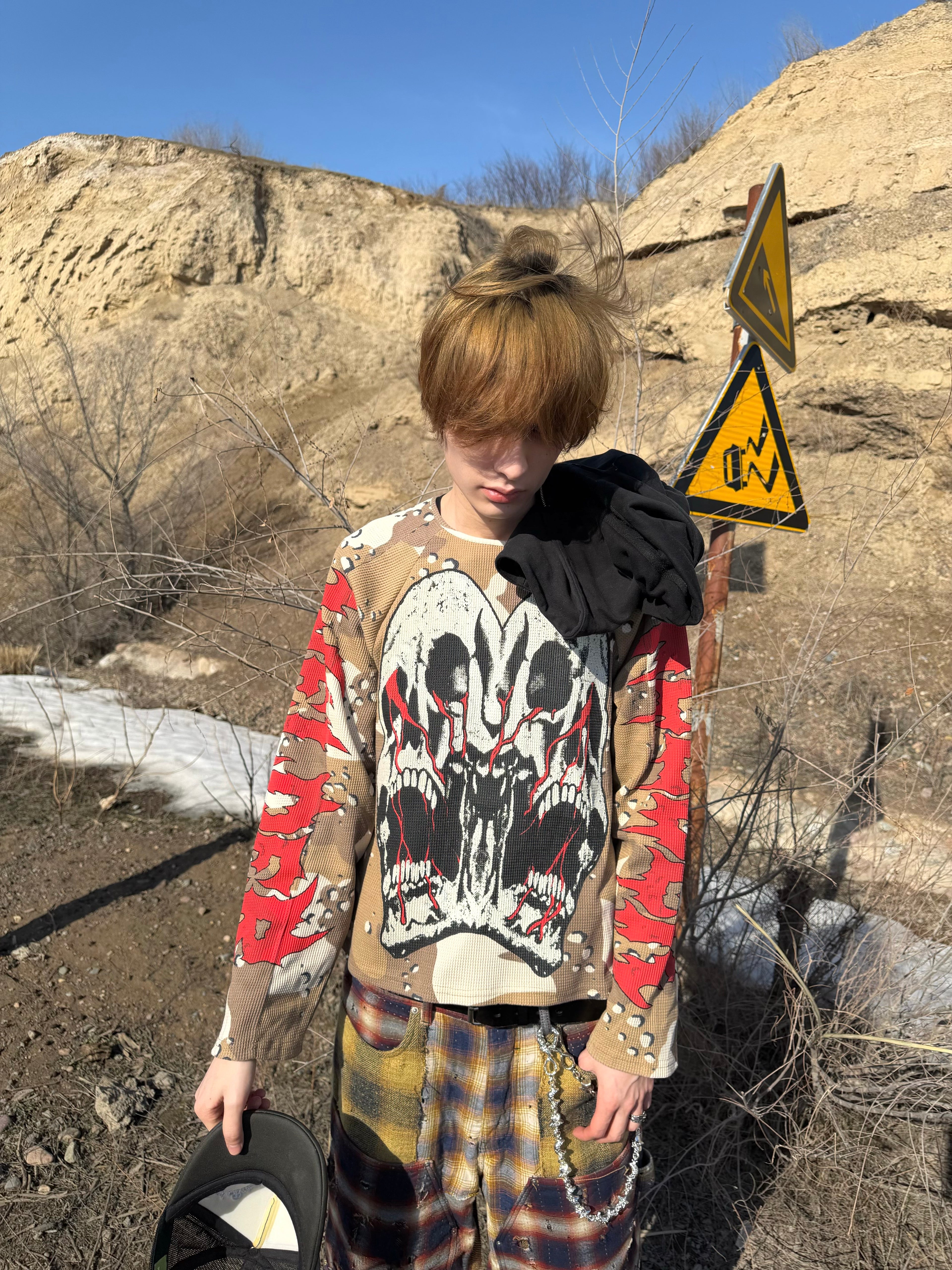 CAMO WAFFLE SKULL PRINT HOCKEY JERSEY LONG SLEEVE TEE