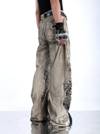 WASTELAND-STYLE SPIDER WEB PRINT DISTRESSED WIDE-LEG JEANS