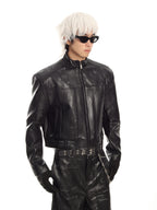 MEN'S BIKER STYLE GRADIENT CROPPED PUNK LEATHER JACKET SET