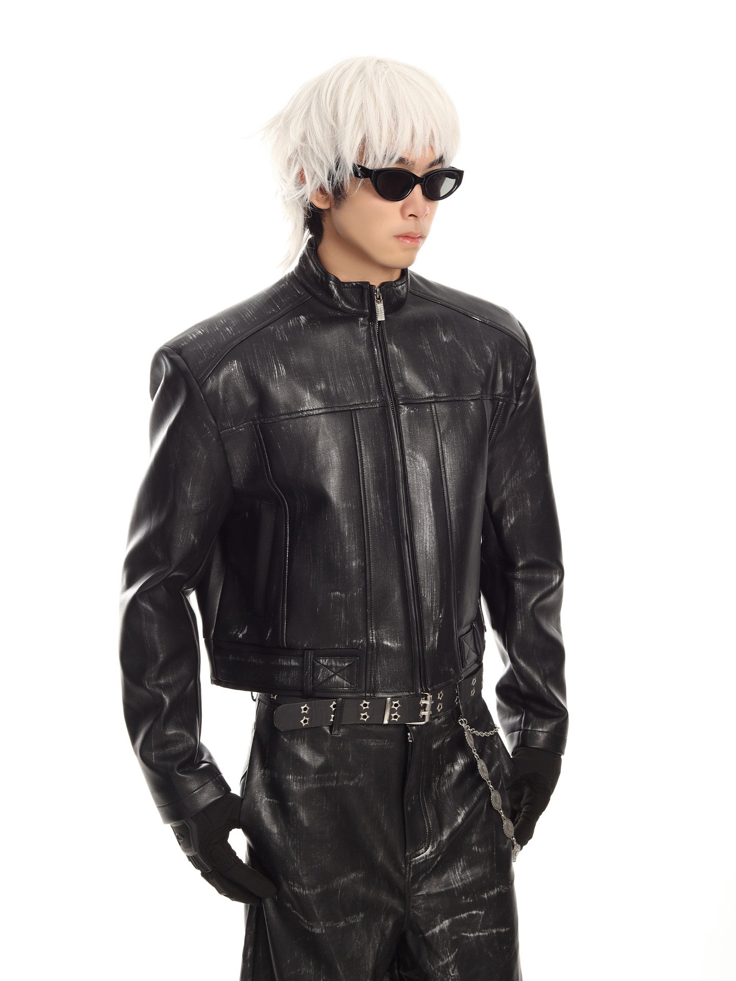 MEN'S BIKER STYLE GRADIENT CROPPED PUNK LEATHER JACKET SET
