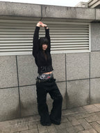 ROCK TIGER DOUBLE WAIST RIVET CURVED CUT JEANS