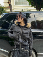 MULTI-ZIPPER REMOVABLE FUR COLLAR CRACKED LEATHER JACKET