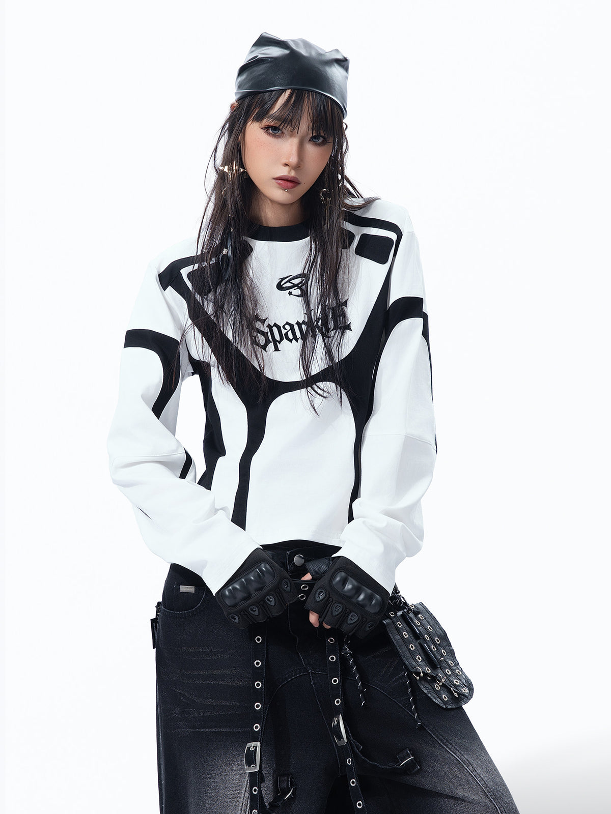 RACING PATCHWORK LONG SLEEVE, VINTAGE BIKER SLIM CROPPED TOP