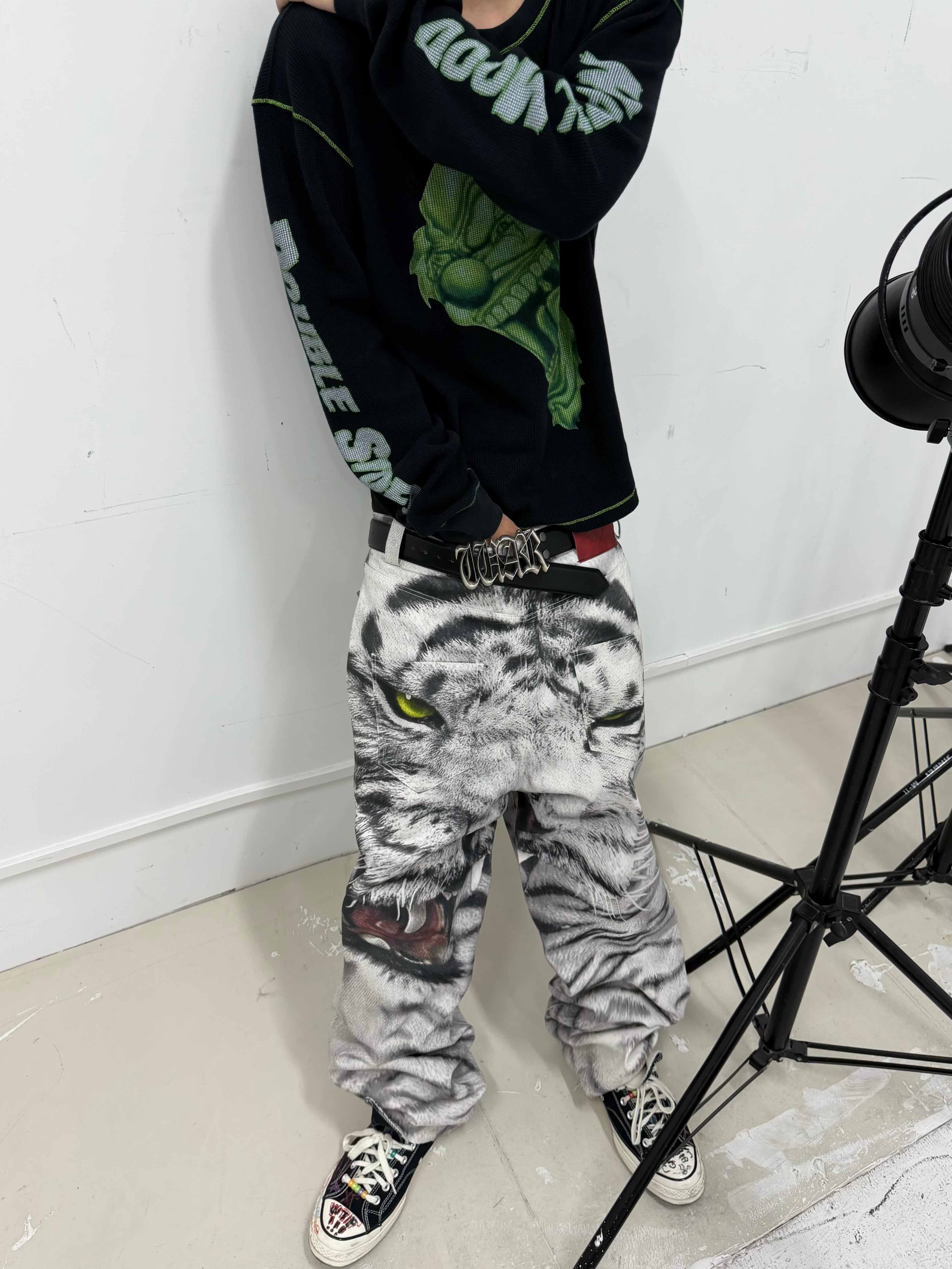 3D PRINTED WHITE TIGER WAXED JEANS