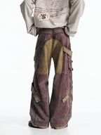 VINTAGE IRREGULAR MOTTLED TEXTURE EMBROIDERED MULTI-POCKET PANTS