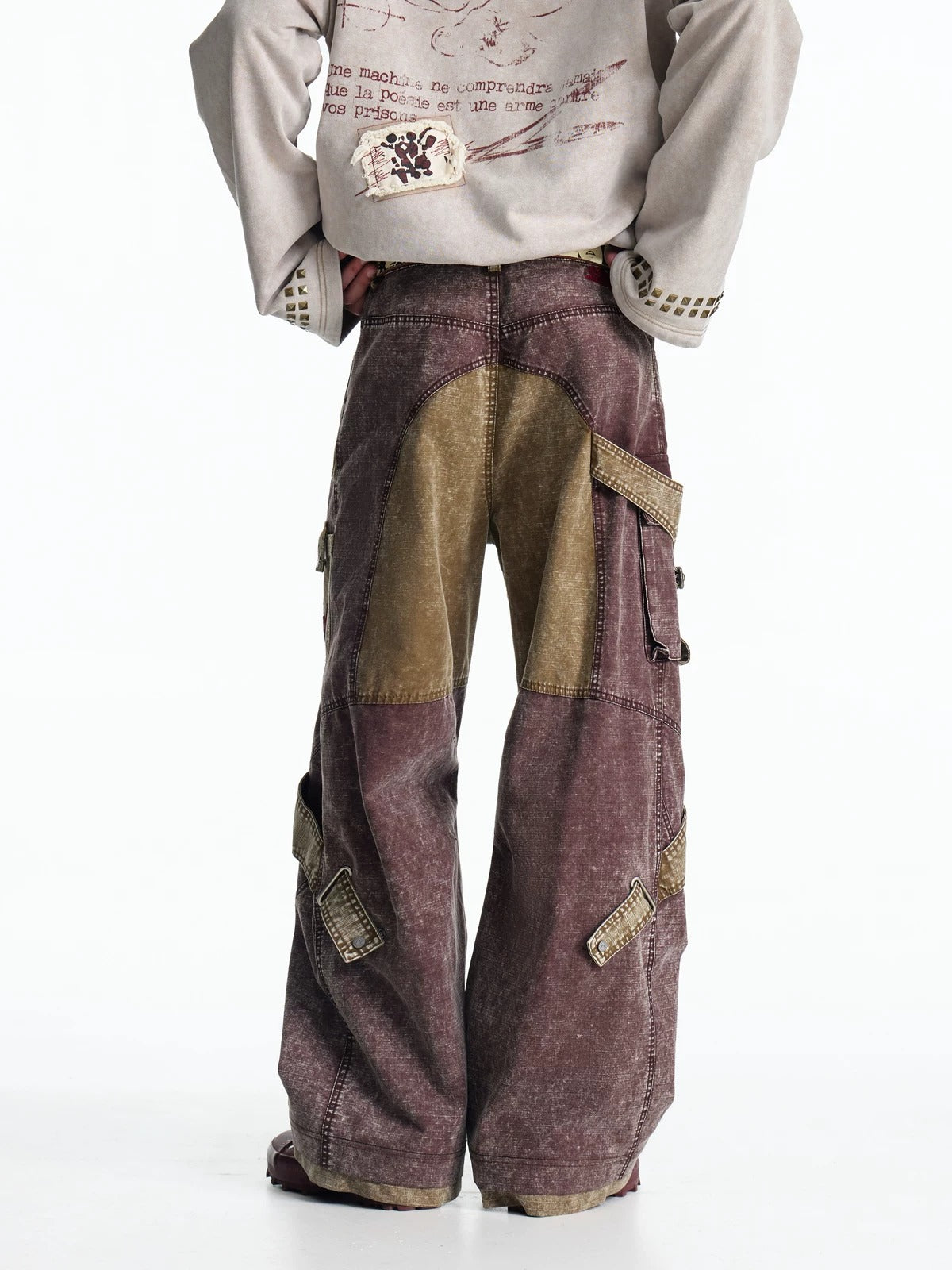 VINTAGE IRREGULAR MOTTLED TEXTURE EMBROIDERED MULTI-POCKET PANTS