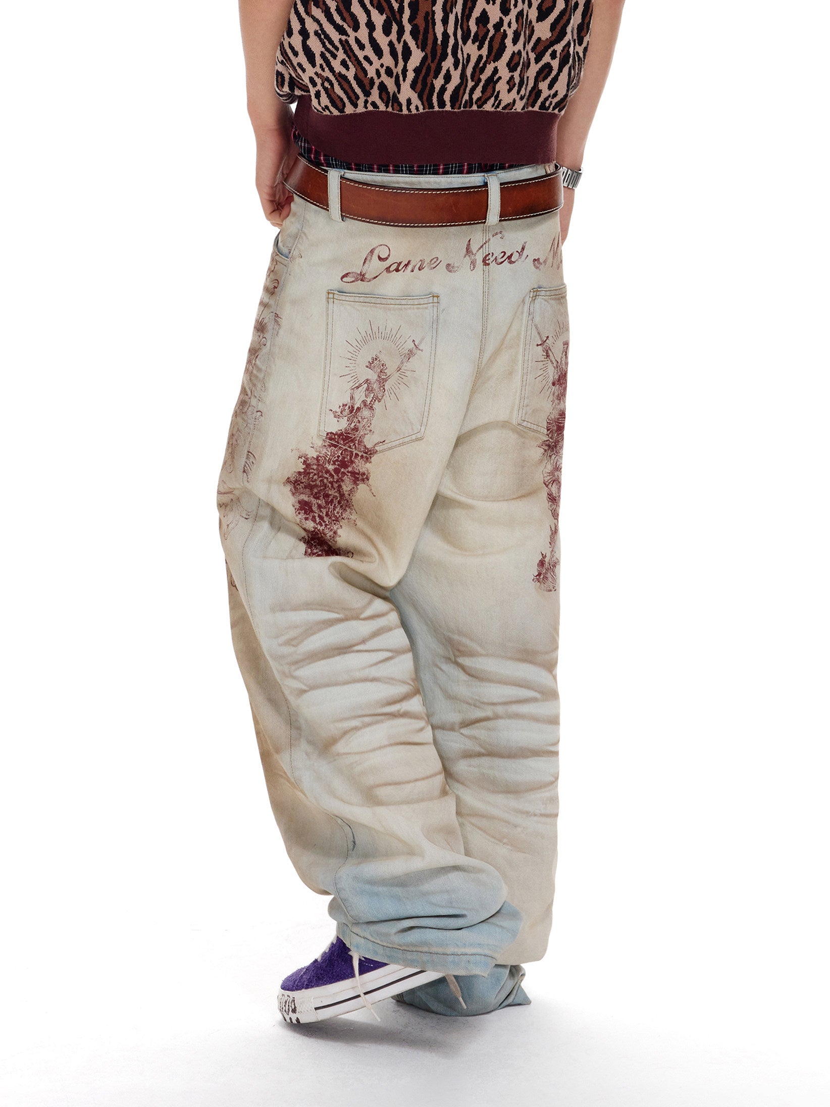VINTAGE FLORAL LETTER PRINT SPRAY DIRTY JEANS