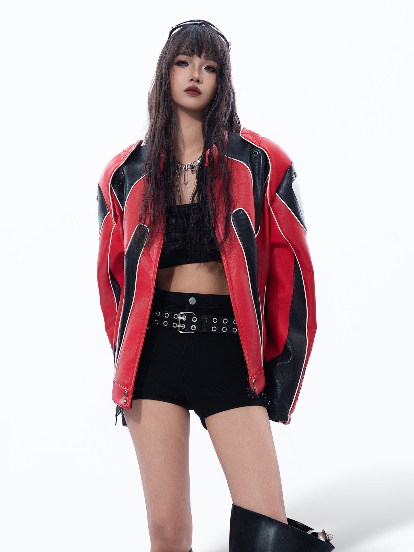 BIKER PU LEATHER COLLAR CROPPED RACING JACKET