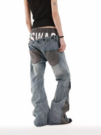 DOUBLE WAIST EMBROIDERY SLIM WASHED BLUE JEANS
