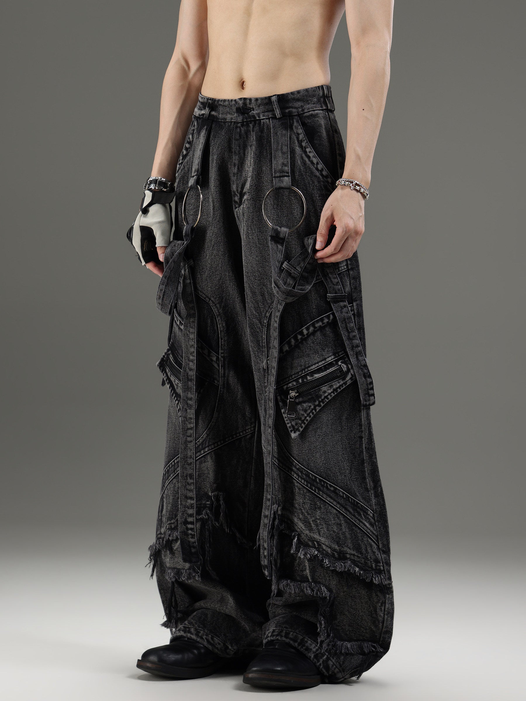 VINTAGE WASHED‑BLACK DENIM UNISEX LOOSE WIDE‑LEG PANTS