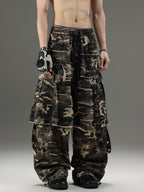 CAMOUFLAGE WIDE-LEG FAUX LAYERED DISTRESSED CARGO PANTS