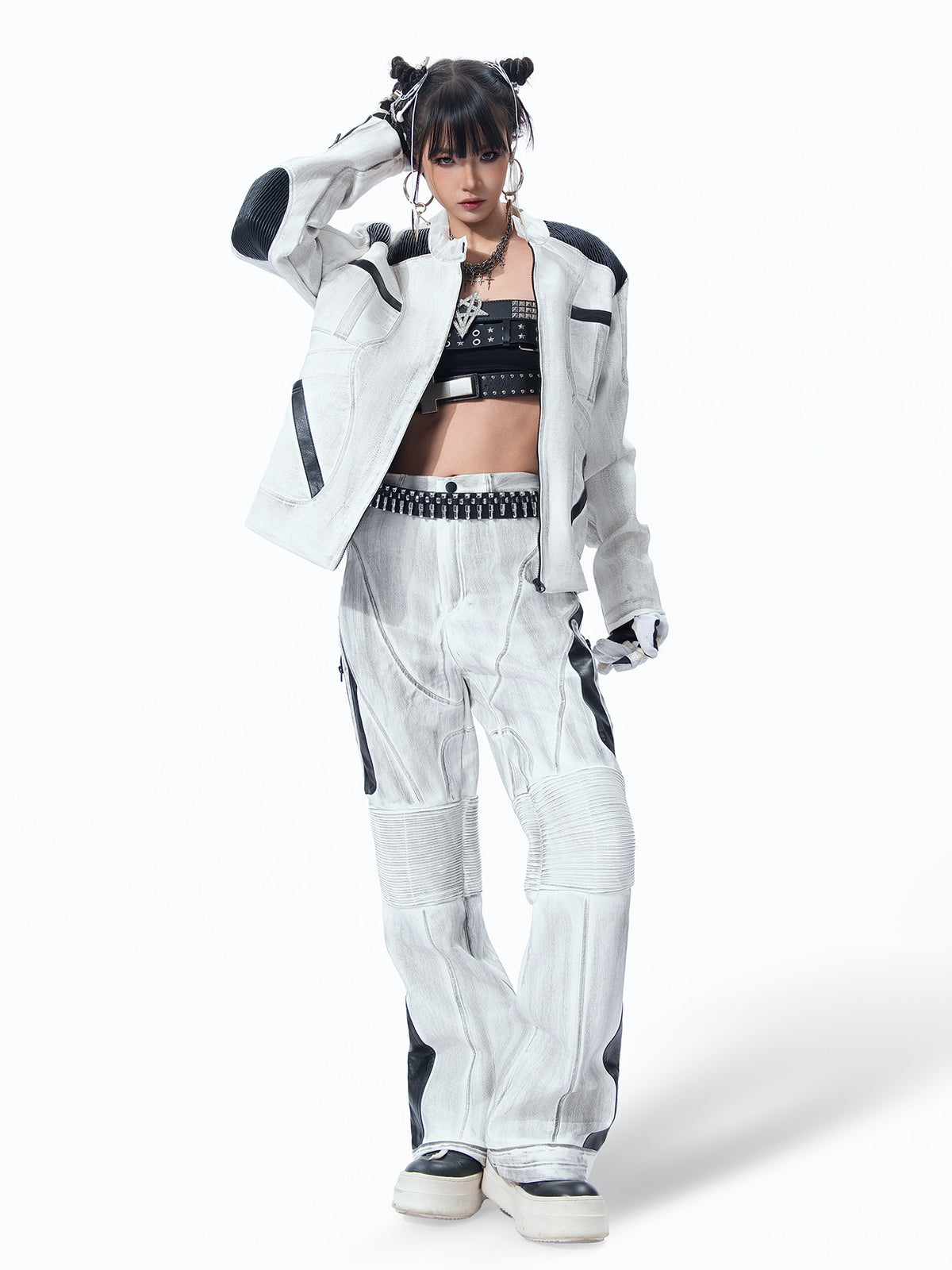 WASHED HIGH‑STREET NICHE SPLICED TECHWEAR LEATHER PANTS