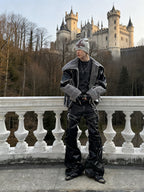 BLACK LIQUID METAL COATED ZIPPER WAXED FLARED PANTS