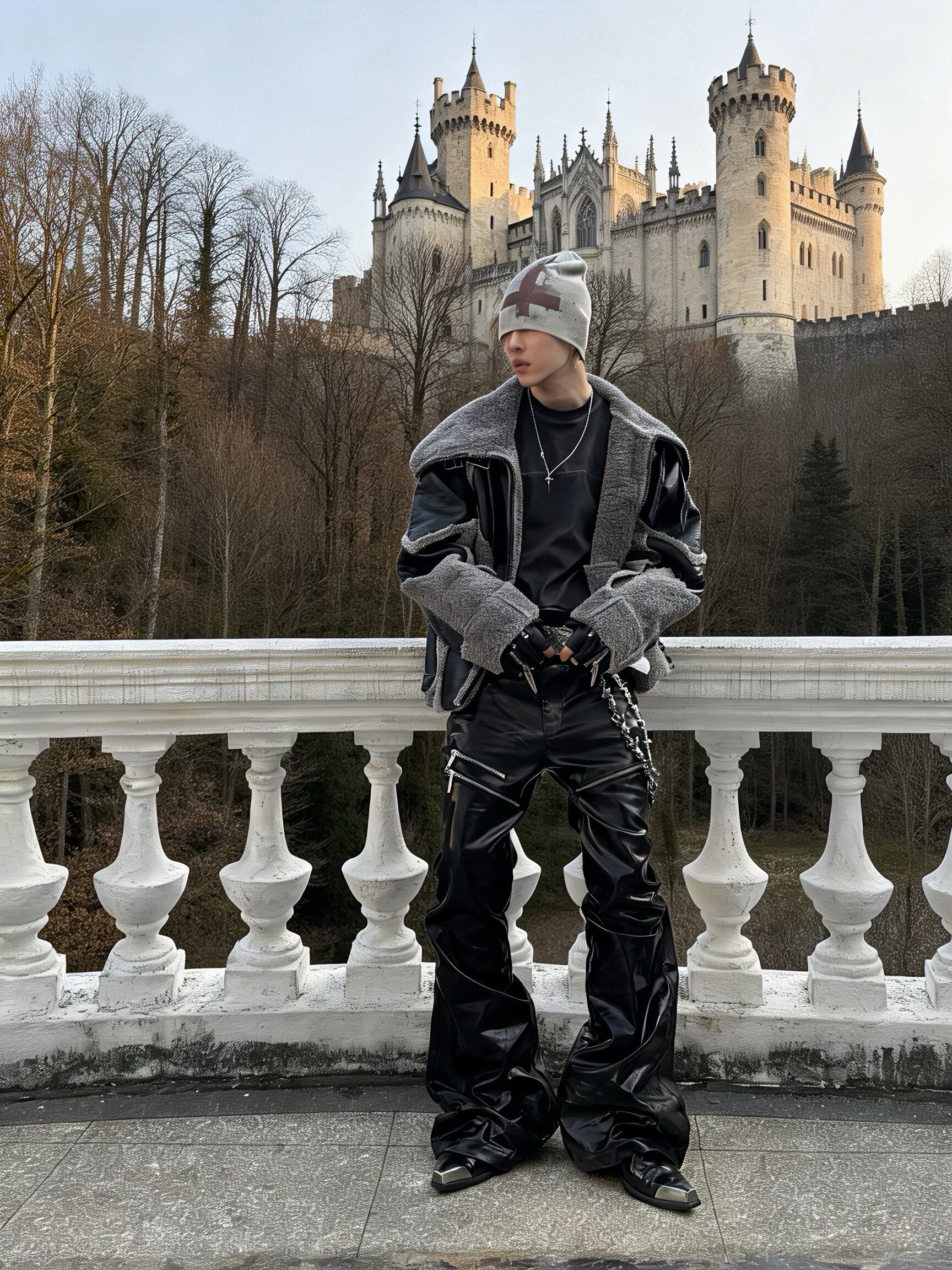 BLACK LIQUID METAL COATED ZIPPER WAXED FLARED PANTS
