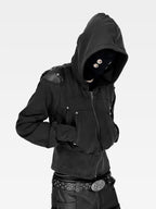 WASHED FAUX LEATHER ARMOR‑SHOULDER MULTI‑POCKET HOODIE