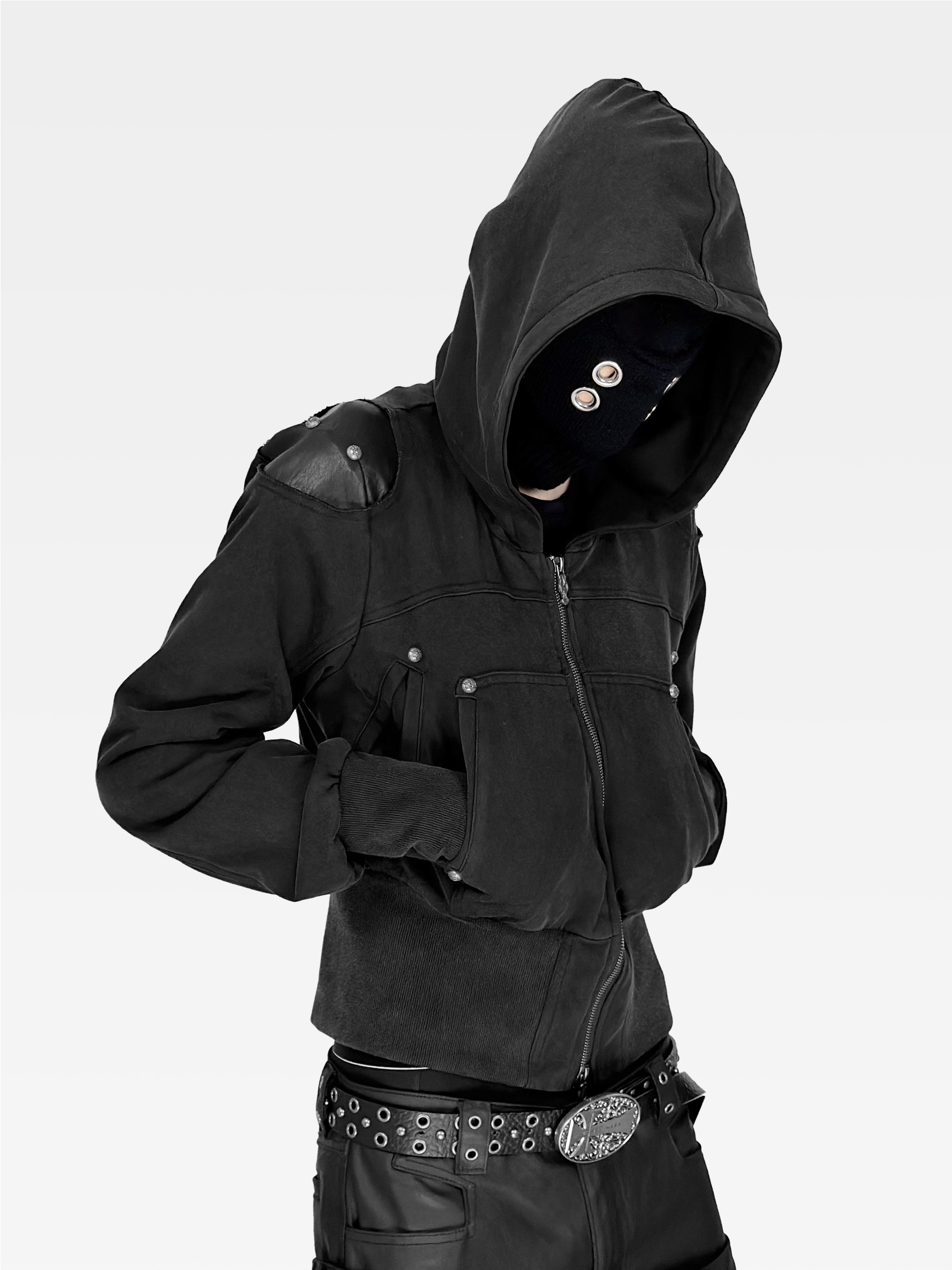 WASHED FAUX LEATHER ARMOR‑SHOULDER MULTI‑POCKET HOODIE