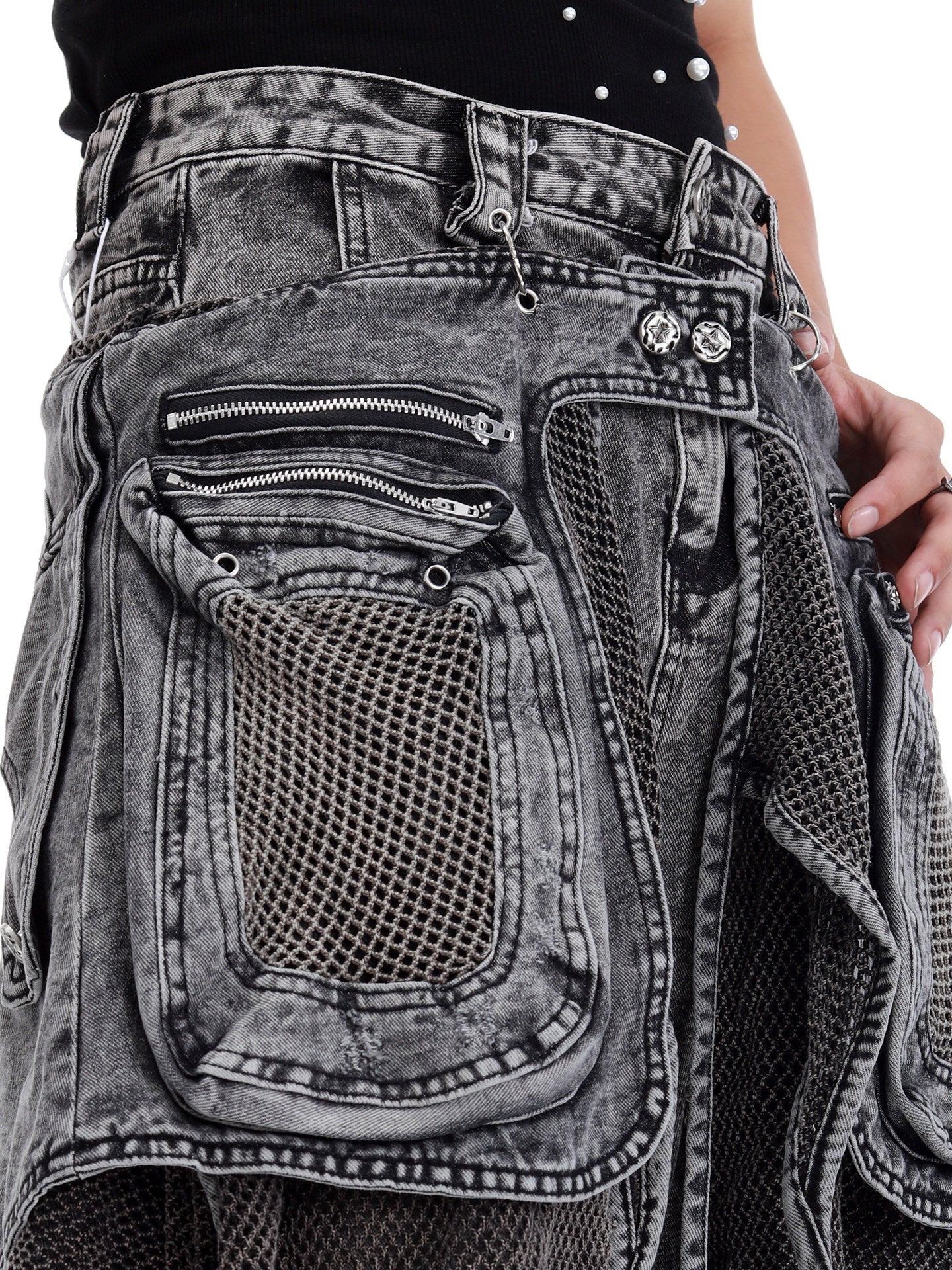 HEAVYWEIGHT PANELLED CARGO DENIM JEANS WITH REMOVABLE WAIST BAG