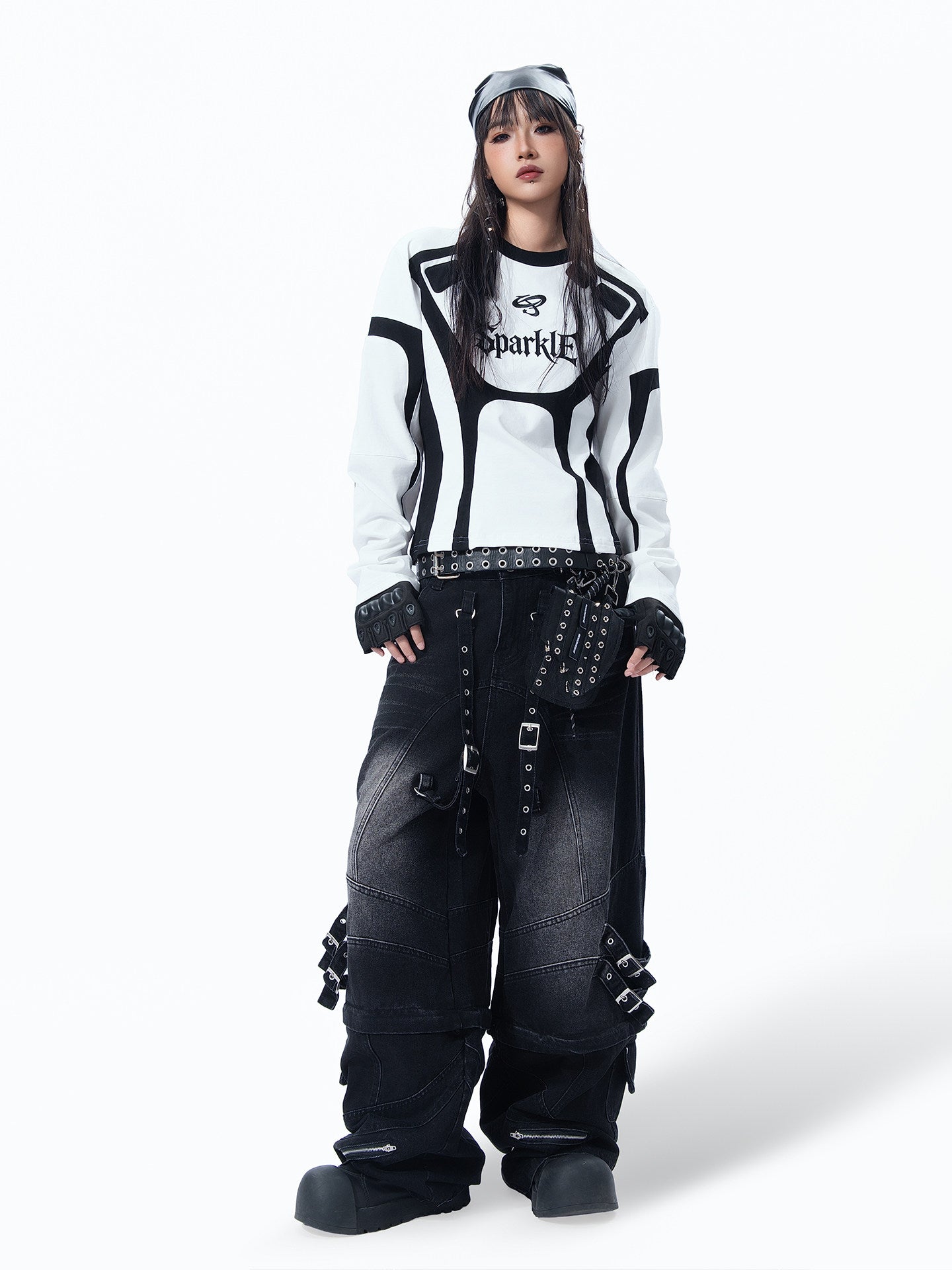 RACING PATCHWORK LONG SLEEVE, VINTAGE BIKER SLIM CROPPED TOP