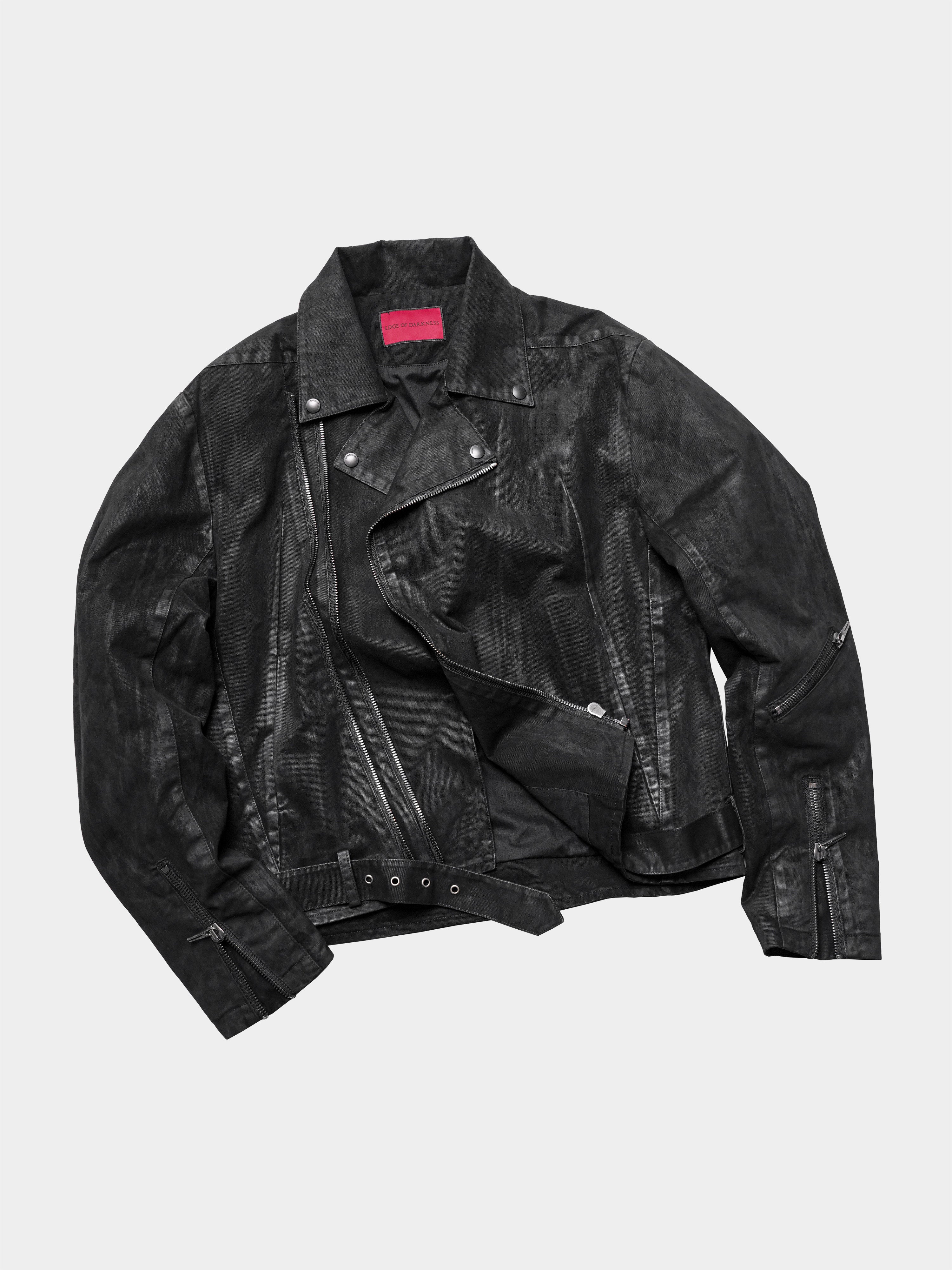 HEAVY‑DUTY WAXED LAPEL COLLAR DUAL‑ZIPPER CROPPED WIDE TWILL BIKER JACKET