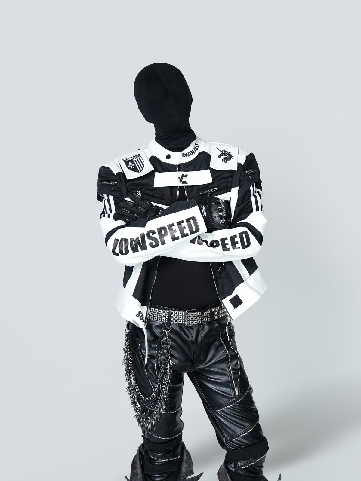 STAND COLLAR SPLICED RACING SUIT SHORT BIKER PU LEATHER JACKET