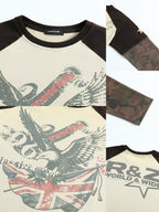 EAGLE & FLAG PATCHWORK CAMO DISTRESSED WASHED LONG-SLEEVE TOP