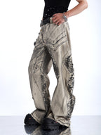 WASTELAND-STYLE SPIDER WEB PRINT DISTRESSED WIDE-LEG JEANS