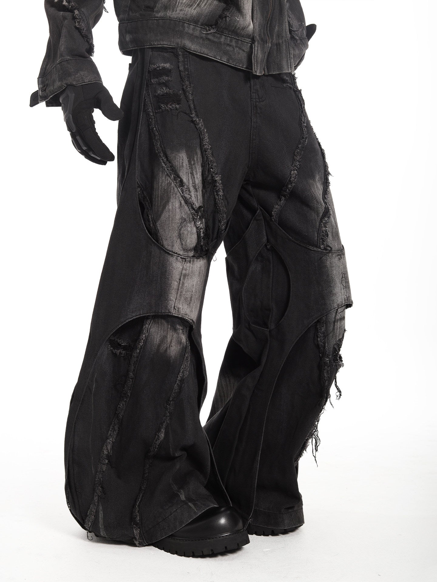 HEAVYWEIGHT WASHED PATCHWORK WIDE-LEG JEANS