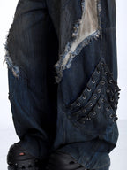 HEAVY-DUTY DRAGON SCALE 3D RAW-EDGE PATCHWORK WASHED JEANS