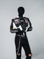 VINTAGE BIKER PU LEATHER EMBROIDERED STAND COLLAR CROPPED RACING JACKET