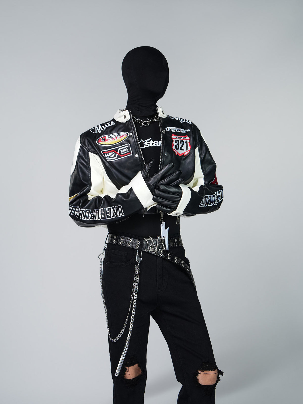 VINTAGE BIKER PU LEATHER EMBROIDERED STAND COLLAR CROPPED RACING JACKET
