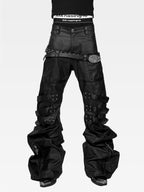 WAXED PATCHWORK STACKED STRAP DOUBLE‑WAIST CURVED SKINNY PANTS