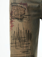 VINTAGE YELLOW MUD DYED DESTROYED MENDED EMBROIDERED STRAIGHT LEG JEANS