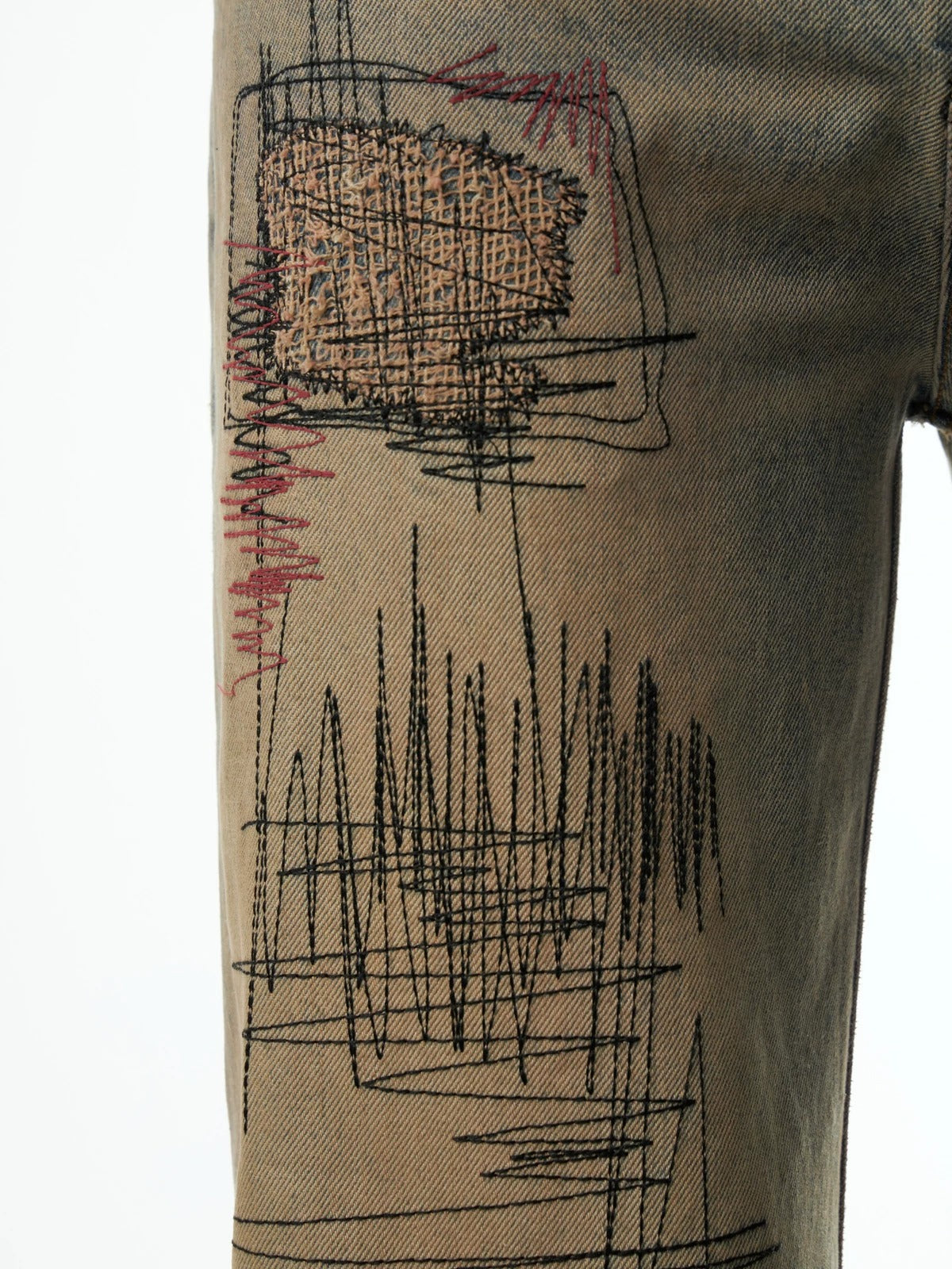 VINTAGE YELLOW MUD DYED DESTROYED MENDED EMBROIDERED STRAIGHT LEG JEANS