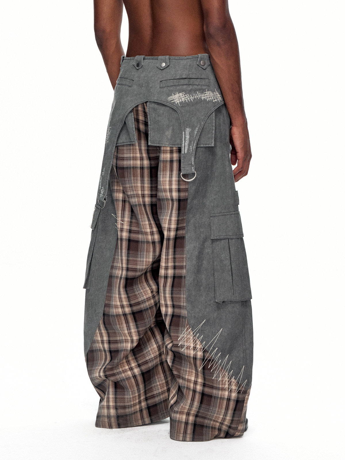 DETACHABLE WAIST SASH WEB TAG PLAID CARGO PANTS