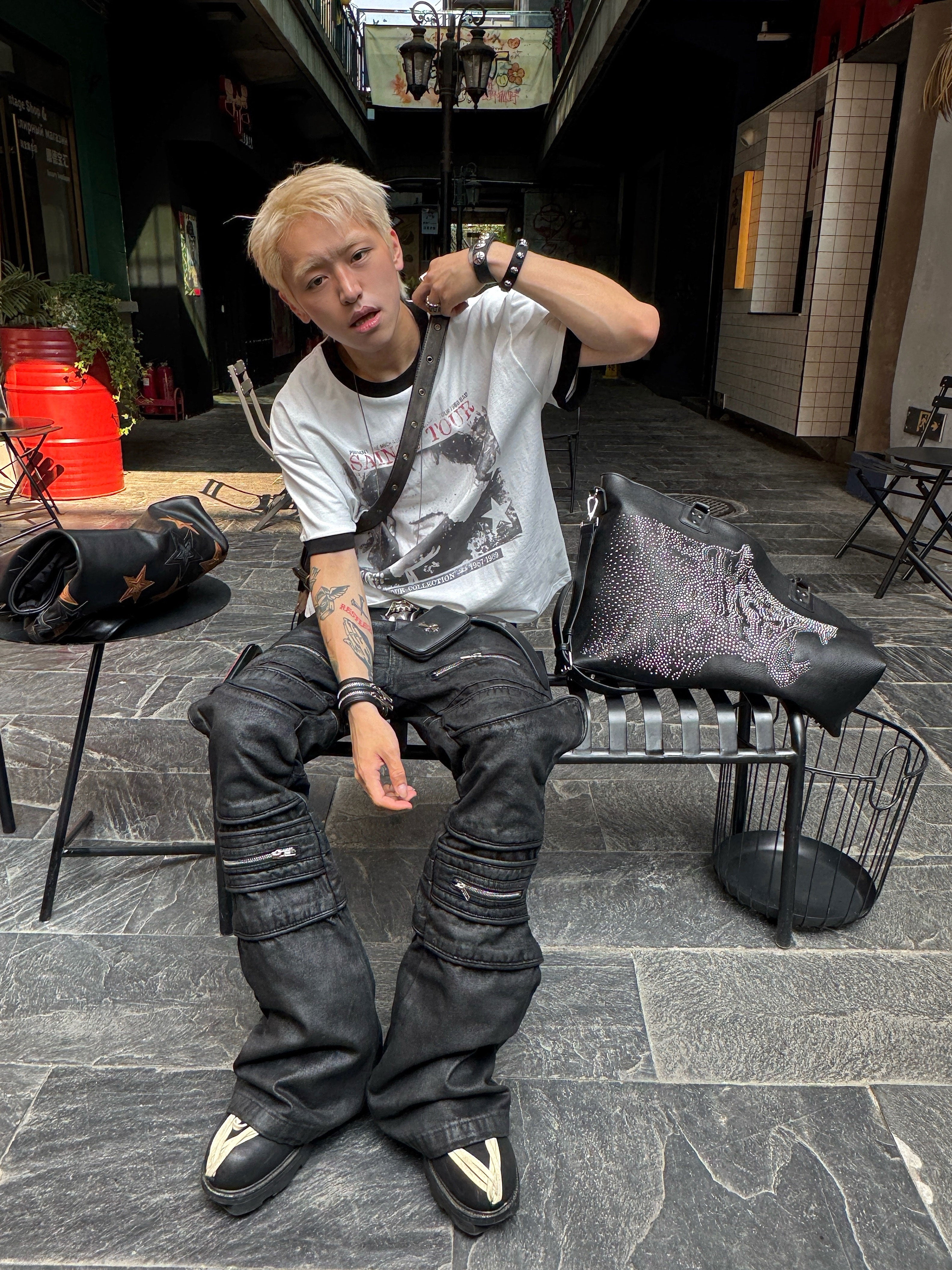IRREGULAR STRUCTURE WAXED FLARED PANTS