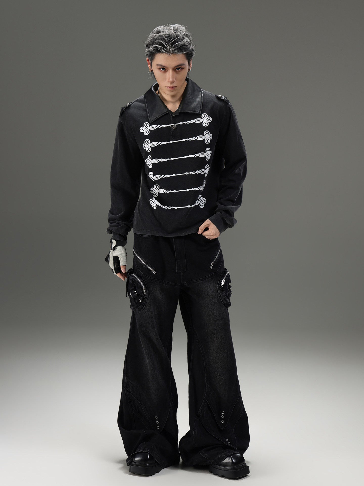 VINTAGE LEATHER LAPEL LONG‑SLEEVE UNISEX POLO SHIRT Secondary image