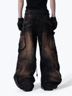 WASTERED MULTI‑POCKET RIVET DETAIL WIDE‑LEG CARGO PANTS