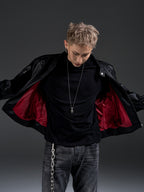 HEAVYWEIGHT ZIPPER OVERSIZED PADDED‑SHOULDER MOTOR LEATHER JACKET