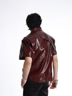 DARK PATCHWORK COLLARED LEATHER T-SHIRT