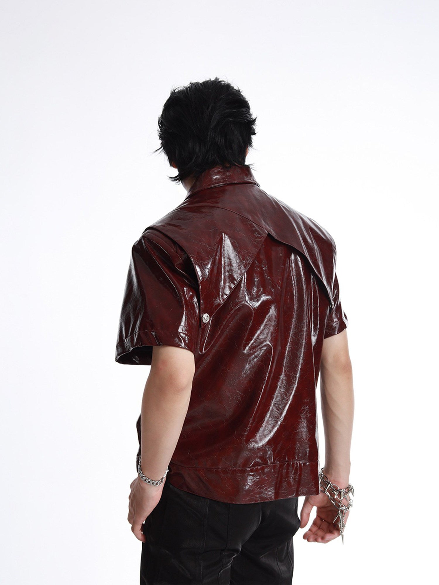 DARK PATCHWORK COLLARED LEATHER T-SHIRT