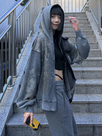 WASHED VINTAGE MUD‑DYED CROPPED OVERSIZED HOODIE