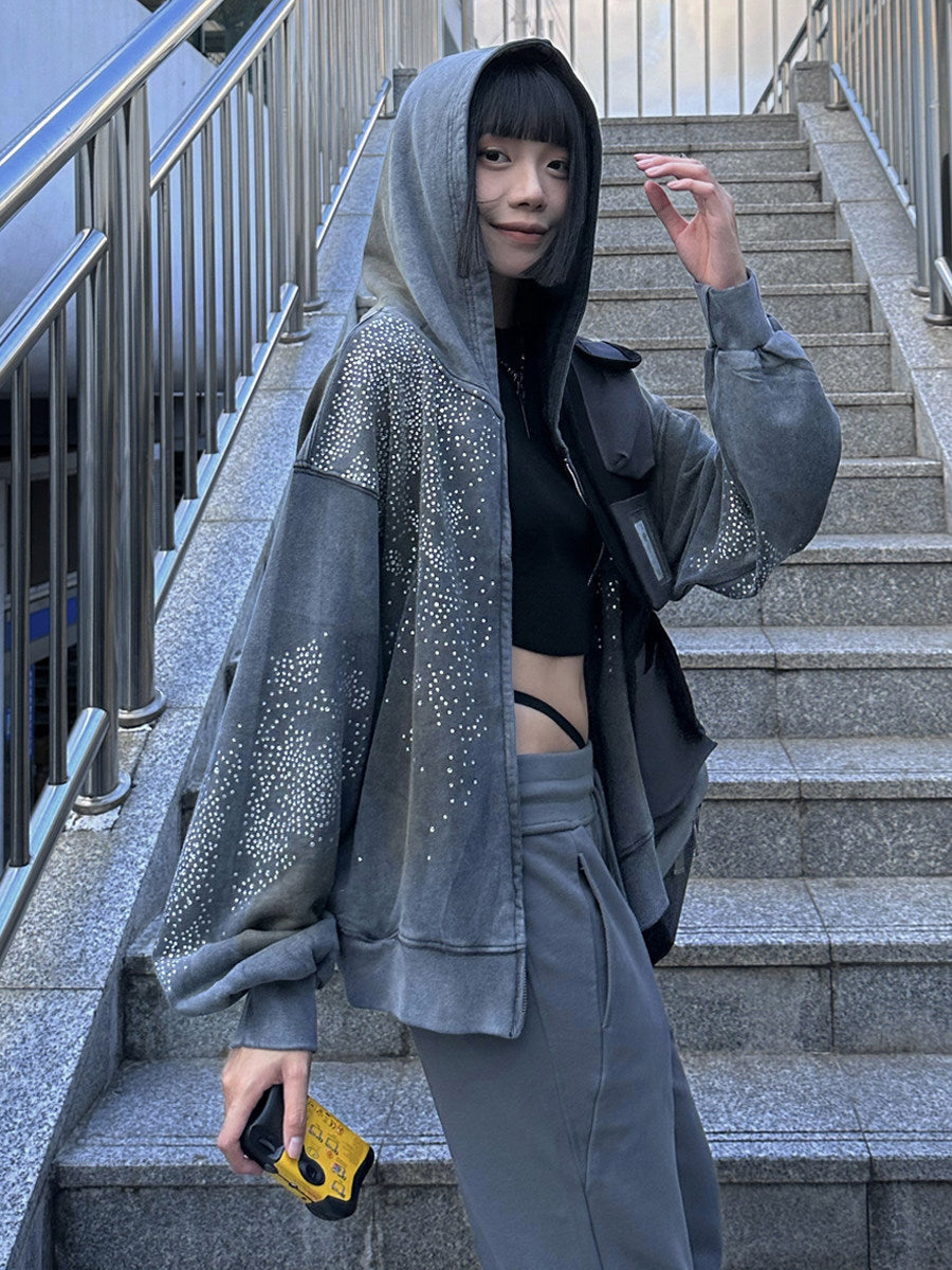 WASHED VINTAGE MUD‑DYED CROPPED OVERSIZED HOODIE