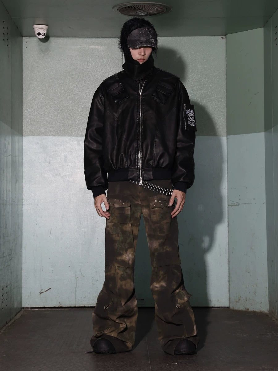 WASTELAND DIRTY DYE CARGO PANTS, FLARED CAMO WORK TROUSERS